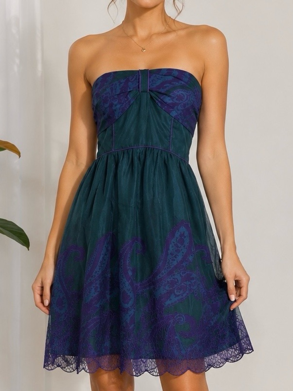 Hype Silk Strapless Embroidered Paisley Dress Teal Purple Size 8